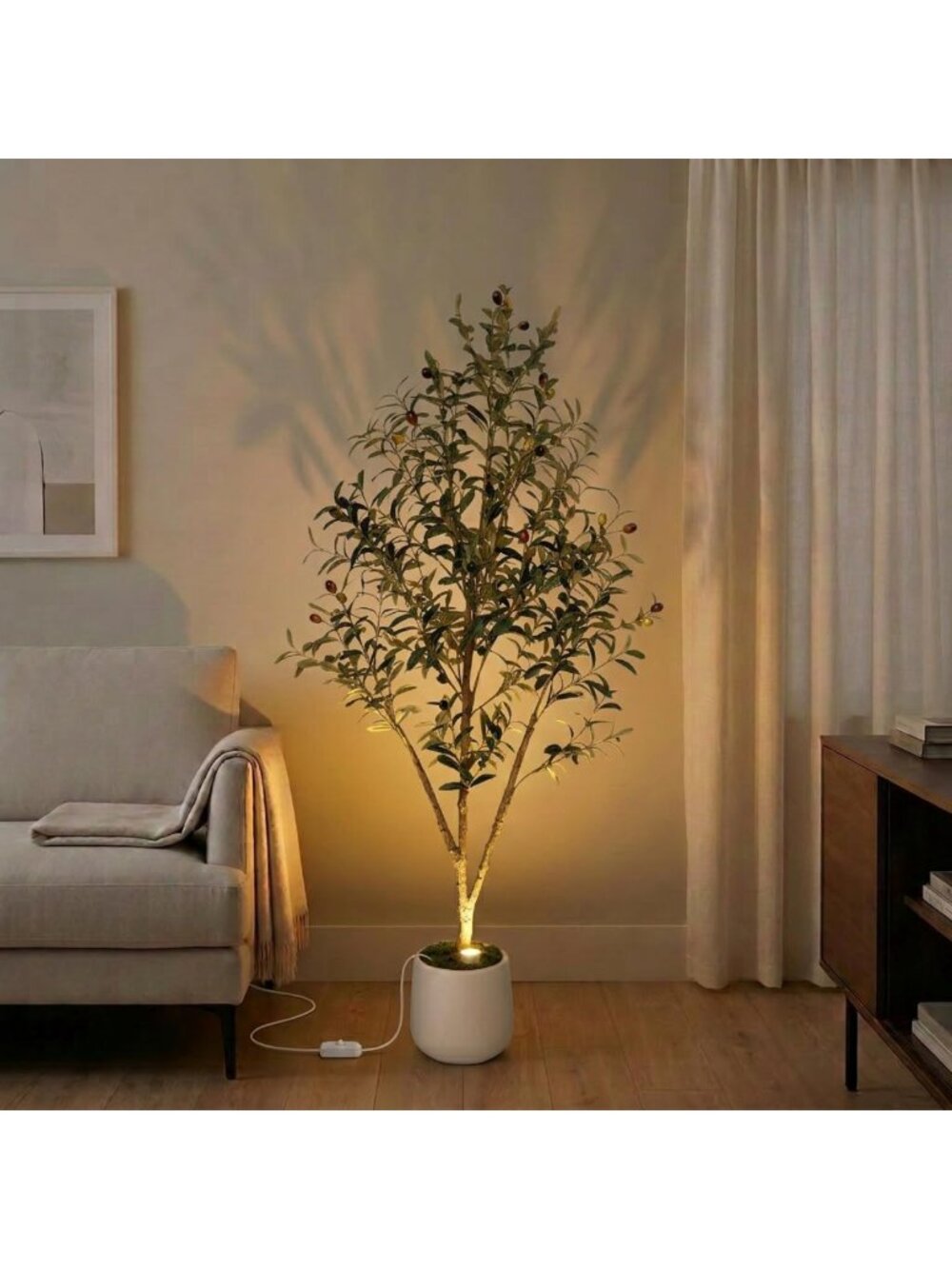 Lifelike 5ft Artificial Olive Tree with LED Lights, White Pot & Moss Decor